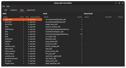 Skill editor view with a list of skills, buffs and timed buffs.