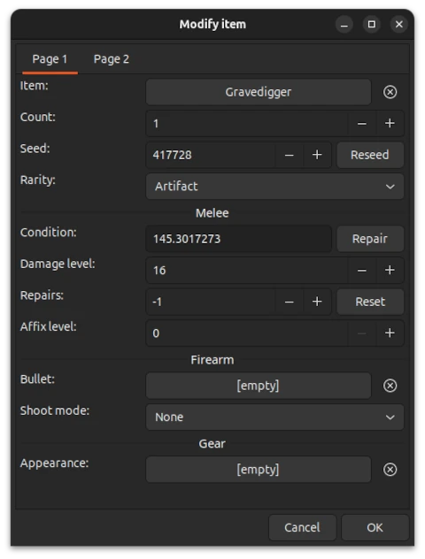 Inventory item editor view.