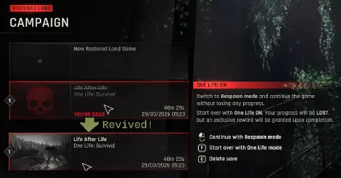 In-game screenshot of list of save where player/saved game was revived after dying with One Life (permadeath) enabled in Restored Land.